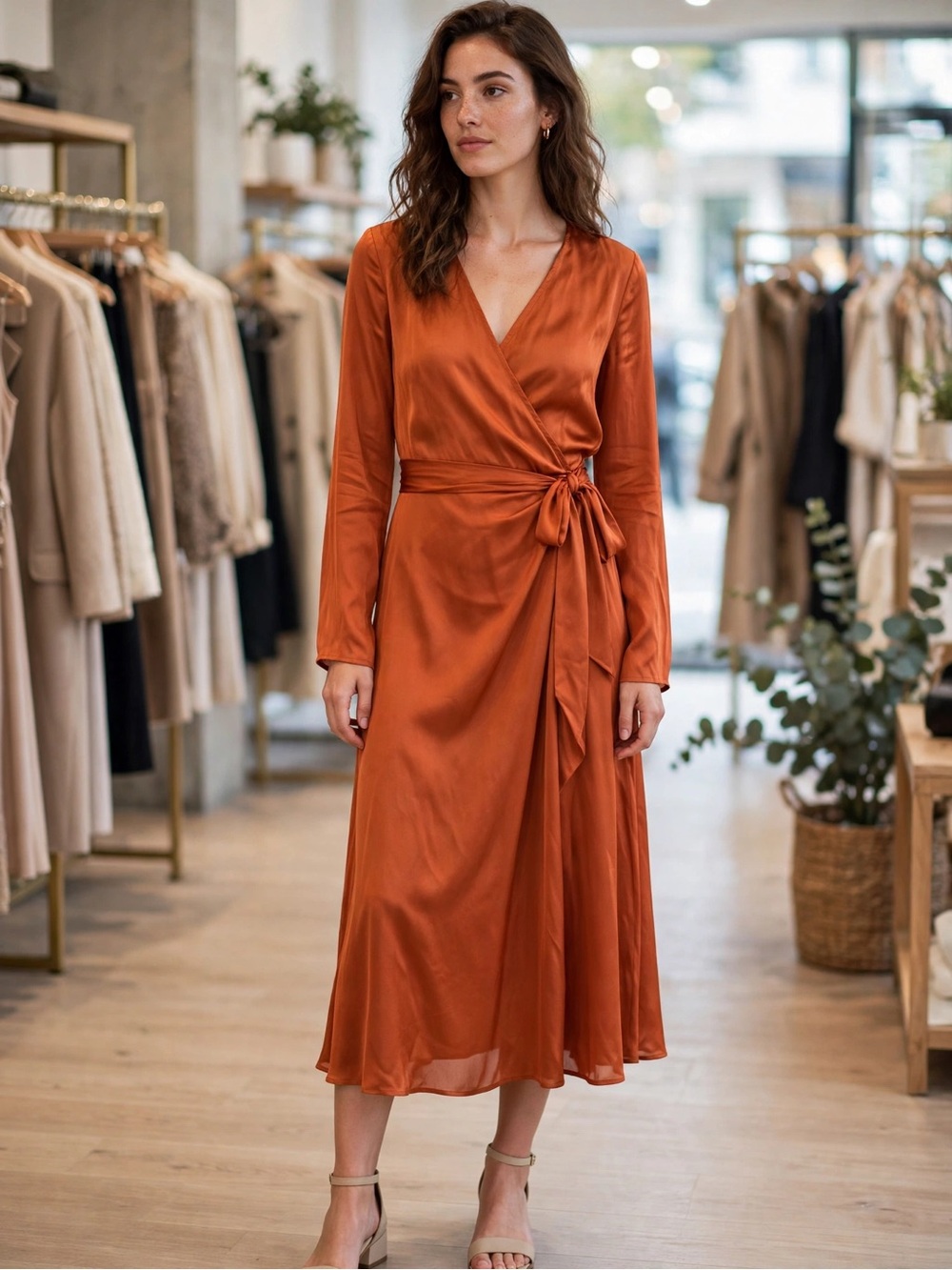 Cider Burnt Orange Satin Wrap Dress with Tie Waist — Size L